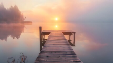 Fototapeta premium Peaceful Sunrise Meditation on Serene Lakeside Dock with Misty Ambiance