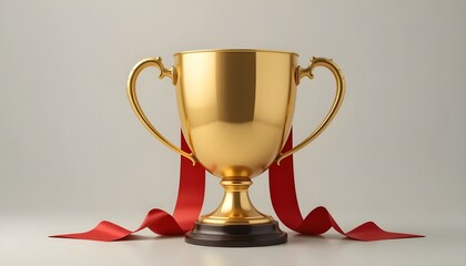 Gleaming golden trophy with a vibrant red ribbon symbolizes victory, achievement and success in competitive endeavors.