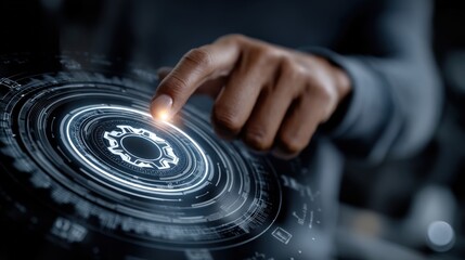 Conceptual image of engineer hand interacting with digital service icons for machine diagnostics and technical assistance.