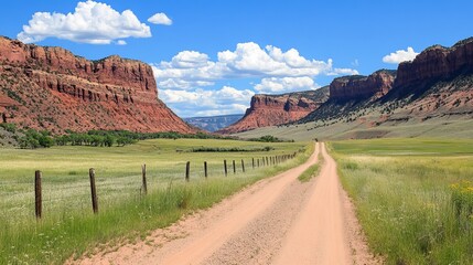 A scenic dirt road winds through a verdant valley, flanked by imposing red rock formations under a bright blue sky dotted with fluffy white clouds