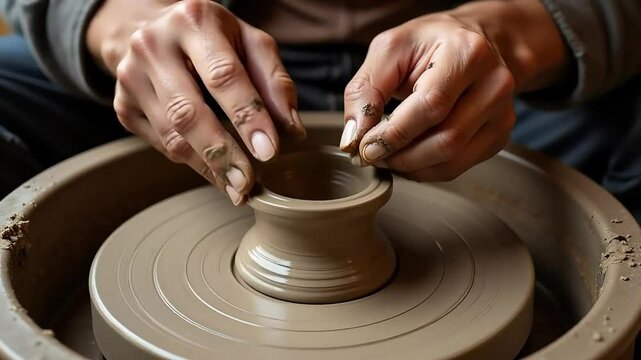 Hands shape clay on a spinning wheel in a pottery studio, creating artistic ceramic wares with precision.