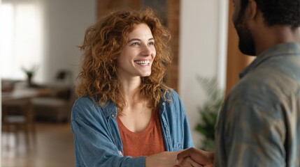 Friendly female client appreciating handyman's service with a handshake in living space, clean home background.