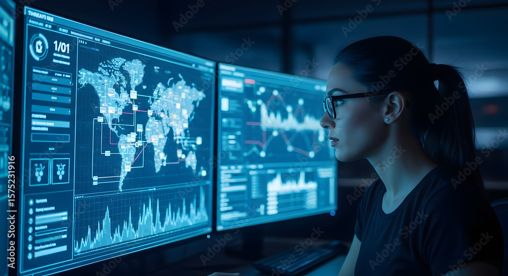 Wall mural cybersecurity analyst monitors global network activity on multiple screens, woman focused on data an