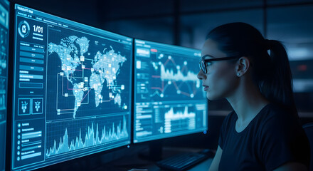 Cybersecurity Analyst Monitors Global Network Activity on Multiple Screens, Woman Focused on Data Analysis on Large Computer Displays in Dark Room