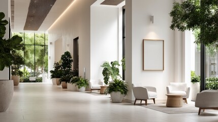 Interior design of a modern luxurious white building corridor with waiting seats, indoor plants, and an empty poster on the white wall.