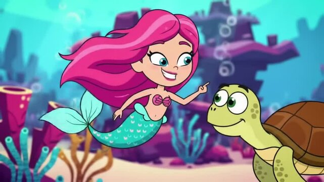 A cheerful mermaid interacts with a friendly sea turtle in a vibrant underwater scene.
