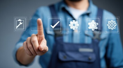 Maintenance manager pointing at transparent screen with floating 3D hologram icons of repair checklist, diagnostics, gear service.