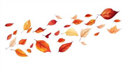 Falling autumn leaves in warm colors cascade on white background, vector illustration