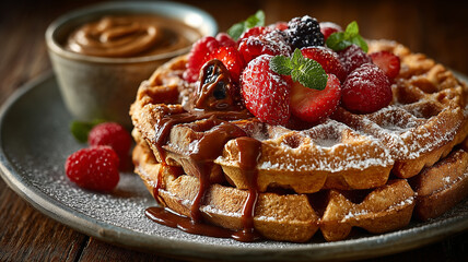 Delicious gluten free waffles topped with fresh berries and almond butter