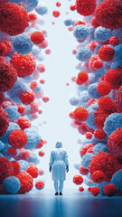 Scientist in protective gear stands amidst surreal landscape of red and blue molecular structures, symbolizing innovation in pharmaceutical research and healthcare
