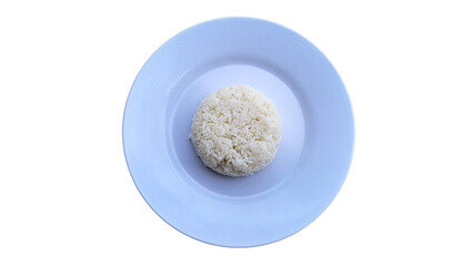 Fluffy white rice is neatly served on a round white plate like an inverted bowl, the texture of the...