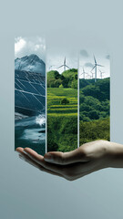 Hand holding collage of renewable energy sources including solar panels, wind turbines, and lush green landscapes, symbolizing sustainable practices and environmental conservation
