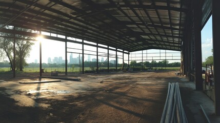 Morning light hitting steel workshop frame under development, panoramic layout with distant skyline and open space.