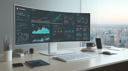 Naklejka premium Modern workspace with financial charts, virtual touch interface with KPIs, ROI, and business insights.