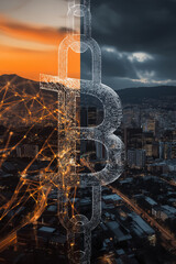 Digital representation of blockchain network overlays cityscape, symbolizing integration of cryptocurrency urban planning. scene transitions from day to night, highlighting technological