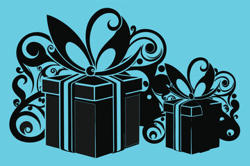 Black Gift Boxes with Ornate Floral Design on Cyan Background