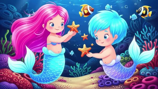 Two cartoon mermaids interact playfully with starfish in a vibrant underwater scene.