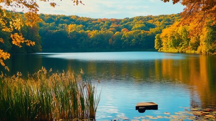 Serene autumn lake reflecting colorful foliage, tranquil water with floating dock and reeds