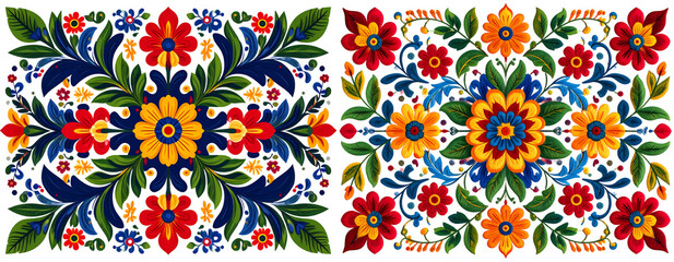  Symmetrical Mexican Embroidery Floral Pattern in Bright Colors, Flat Front View, isolated on transparent background PNG