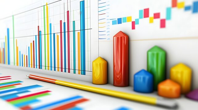 Modern Corporate Office Workspace with Colorful Financial Graphs and Strategic Planning Whiteboard