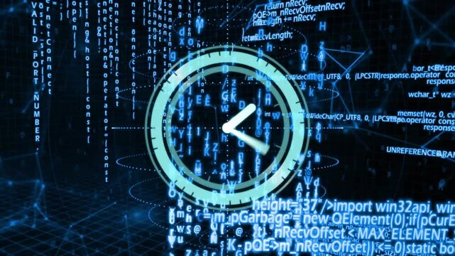 Holographic clock activating hands ticking code streams cascading progress arc filling showing data