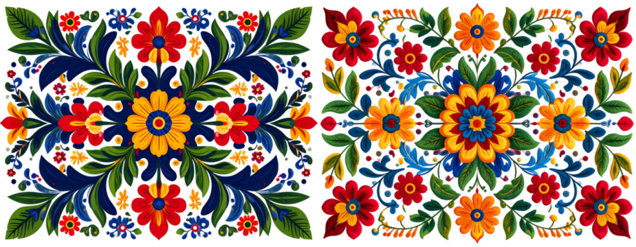  Symmetrical Mexican Embroidery Floral Pattern in Bright Colors, Flat Front View, isolated on transparent background PNG