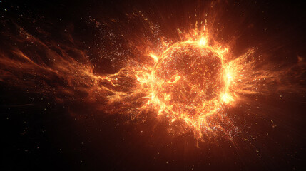 Obraz premium Vibrant sun radiating intense flames and sparks, symbolizing cosmic energy and power, captivates viewer with its explosive beauty