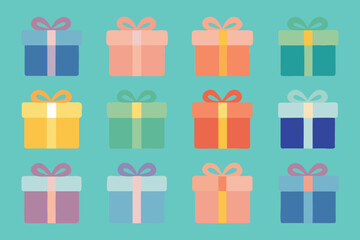 Twelve Pastel Colored Gift Boxes on Teal Background
