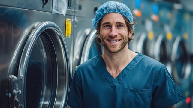 Portrait of a smiling hospital laundry worker standing by an industrial washing machine, emphasizing cleanliness and professionalism in healthcare cleaning services.