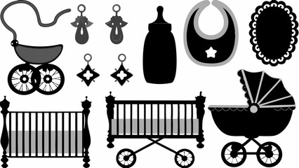 Collection of baby related items including prams cribs bibs and decorative elements in black and gray | editable eps vectors silhouette