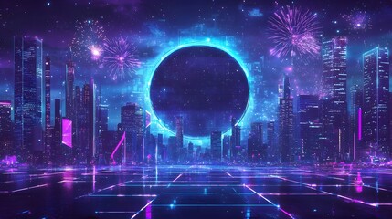 Fototapeta premium Dazzling Neon Cityscape with Vibrant Fireworks Display at Night