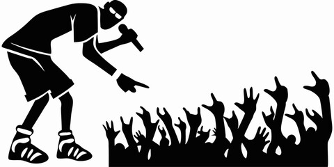 Silhouette of a rapper performing on stage with crowd raising hands in the air in black and white style | editable eps vectors