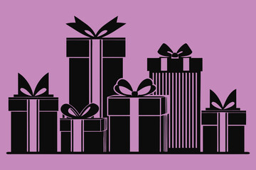 Collection of Black Silhouettes of Gift Boxes on Purple