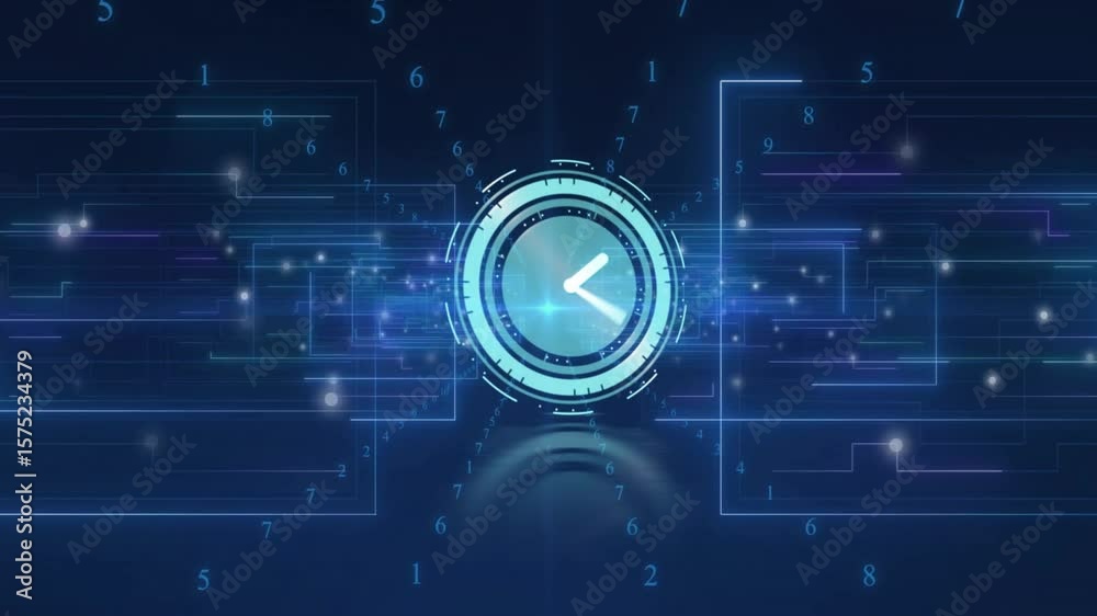 Poster digital activation initiating clock showing inward particles moving hands and arc visualizing data