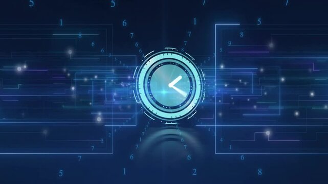 Digital activation initiating clock showing inward particles moving hands and arc visualizing data