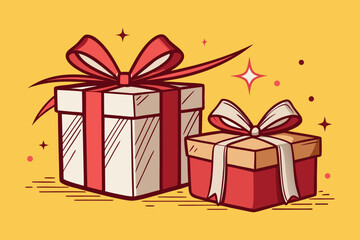 Two Gift Boxes with Red and White Ribbons on Yellow Background