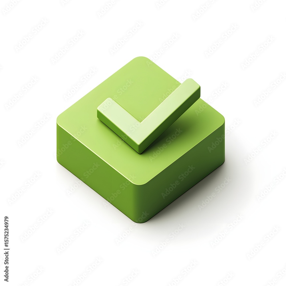 Fototapete A green checkmark set in a rounded square with a claymation texture, rendered in isometric view over a white background without shadows or lighting.

