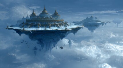 A celestial palace in the sky inhabited by gods, floating on clouds