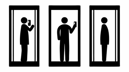 Three stylized figures in frames one taking a selfie and one facing away all in black and white style | editable eps vectors silhouette