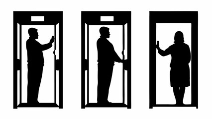 Silhouettes of people using automatic doors with sensors in a minimalist black and white illustration | editable eps vectors