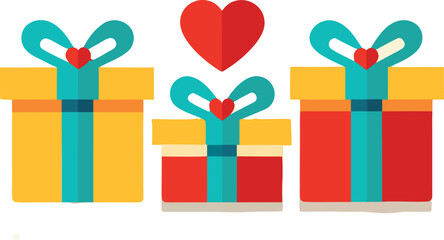 Three Gift Boxes with Teal Ribbons and Red Hearts
