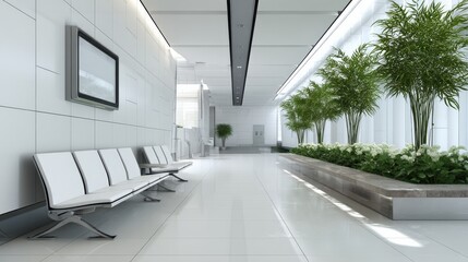 White corridor in a modern building with minimalistic waiting seats, indoor plants, and an empty wall space for a poster, creating a luxurious atmosphere.