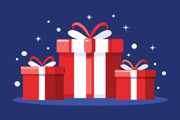 Three Red Gift Boxes with White Ribbons on Blue Background