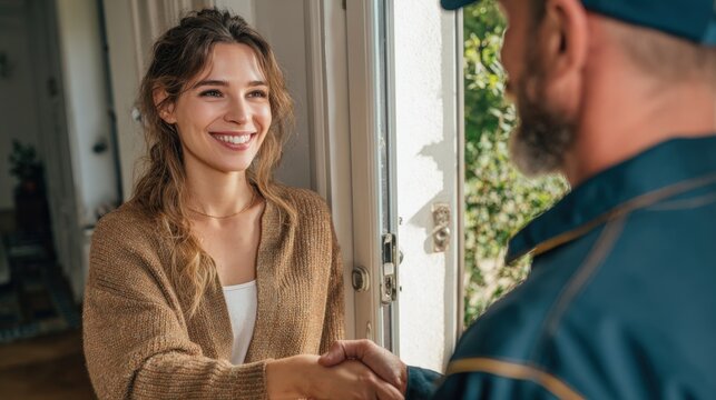 Woman smiling and shaking hands with a uniformed repairman at the door, bright home interior, sunlight through window.