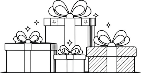Stack of Presents with Bows Line Art Illustration