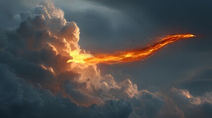 A divine phoenix god flying through a stormy sky, leaving a trail of fire