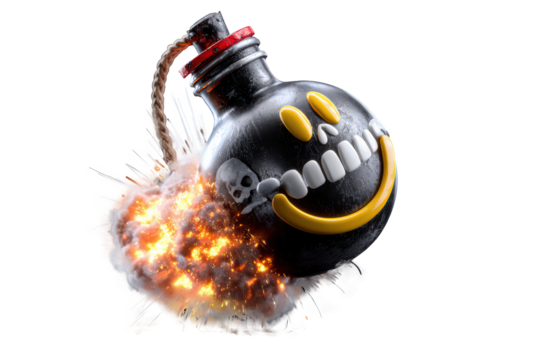 3D cartoon, a happy skull on a black bomb icon with a burning lit fuse