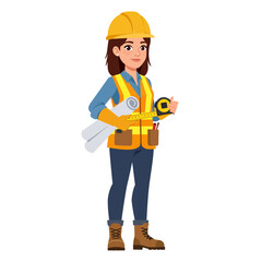 A cheerful female construction worker in a yellow hard hat and safety vest stands confidently with blueprints and a measuring tape against a white background.