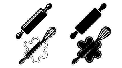 Illustration showing two rolling pins and whisks in black and white kitchen utensils for baking design | editable eps vectors silhouette
