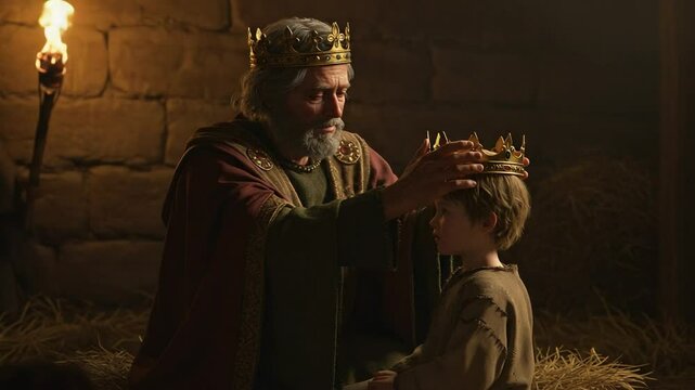 Elderly king crowns young heir in medieval setting